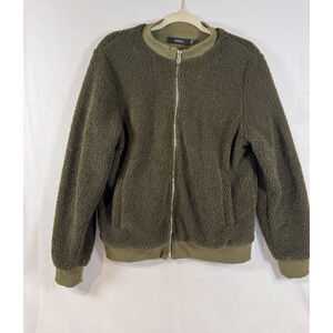 Mirol Cropped Olive Green Fleece Full Zip Bomber Jacket M Modern Casual Lifewear